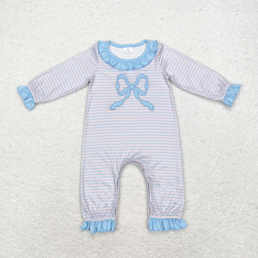 LR1378 Embroidered blue striped bow pattern lace long-sleeved pink onesie