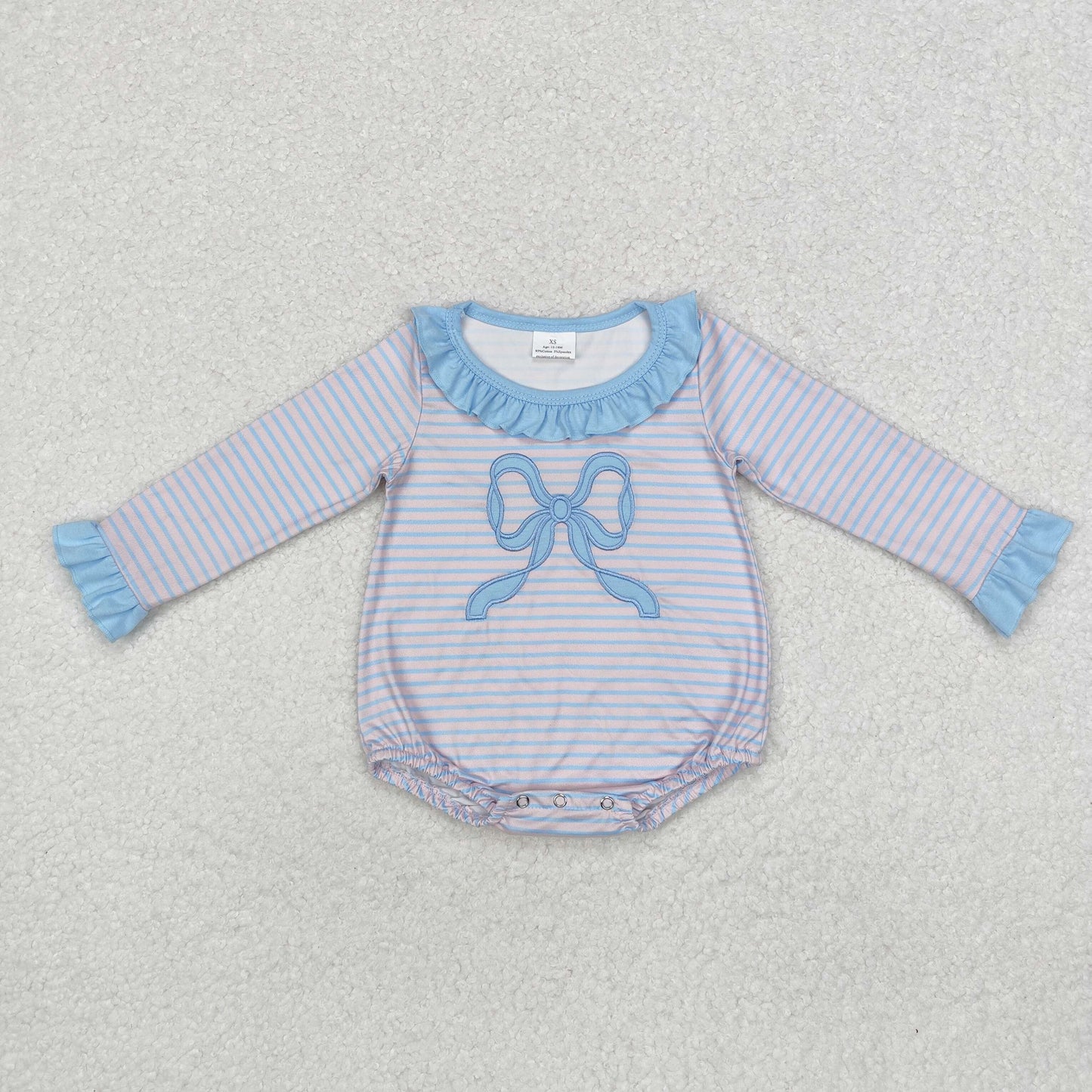 LR1379 Embroidered blue striped bow pattern lace pink pant leg long sleeve jumpsuit