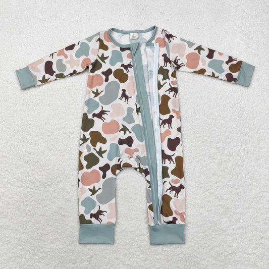 LR1387 Modal Puppy Duck camouflage green zip-up long-sleeved onesie