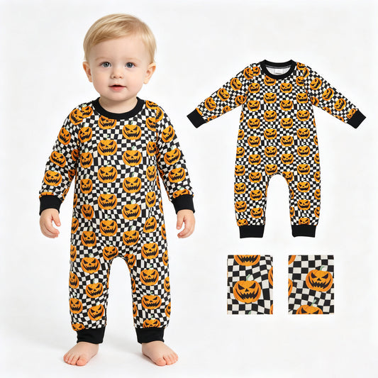 LR1389 Halloween Pumpkin Black Plaid Long-Sleeved Boys Romper 202608 RTS