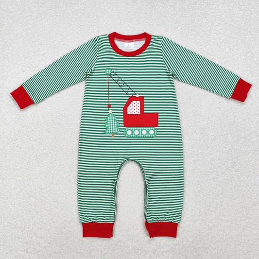 LR1402 Christmas Tree Engineering Truck Green Striped Long-Sleeved Boys Romper RTS 202510