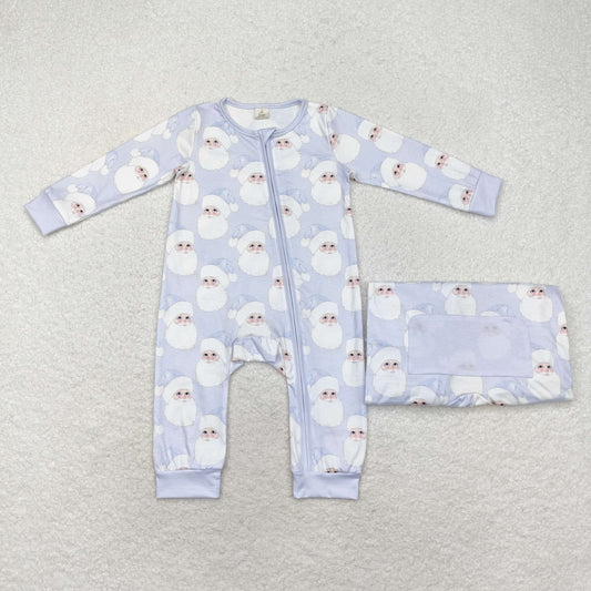 LR1415 Modal Santa Claus light blue zip-up long-sleeved onesie