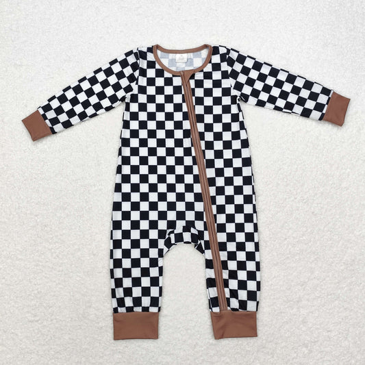 LR1436 Modal black and white check brown edge zipper long-sleeved onesie