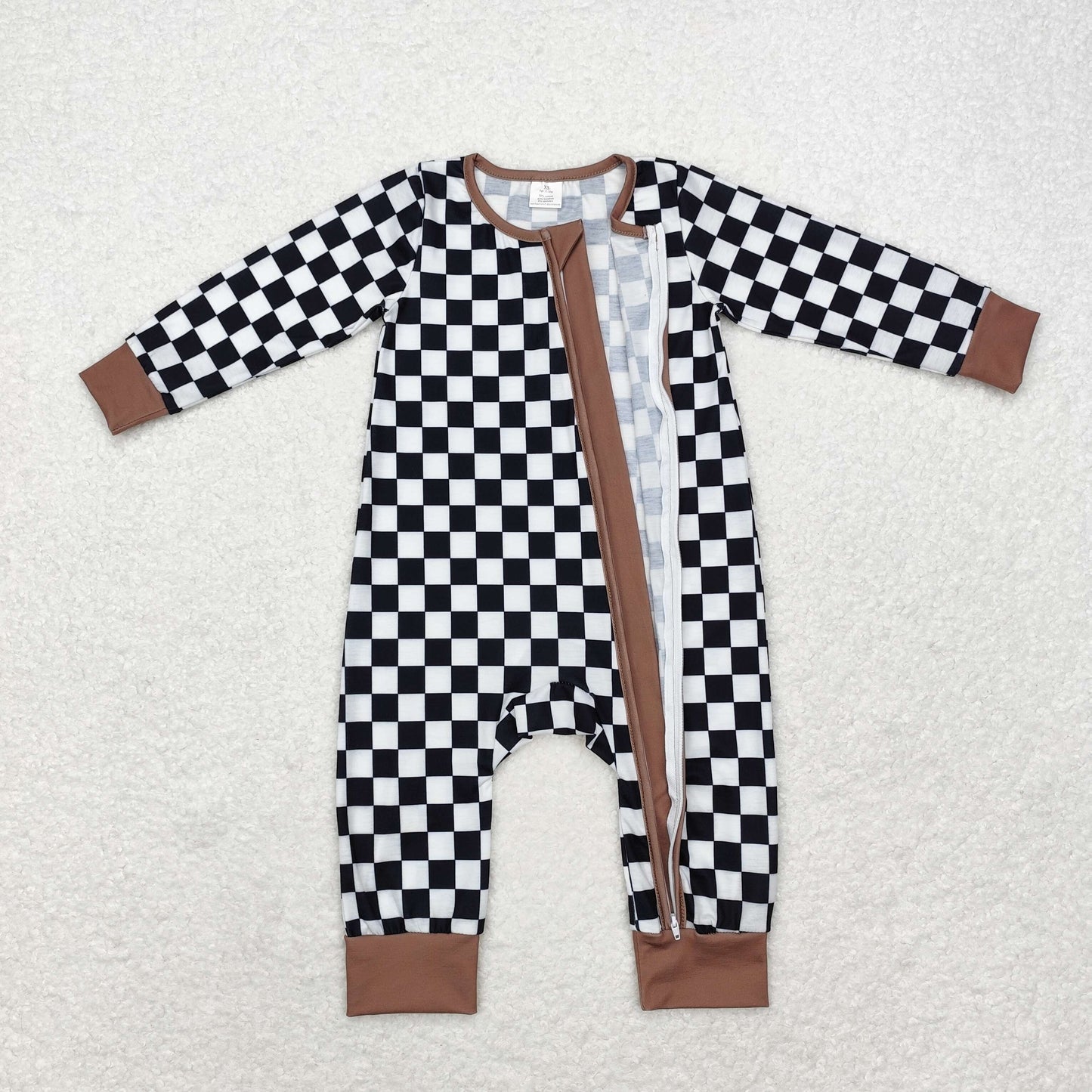 LR1436 Modal black and white check brown edge zipper long-sleeved onesie