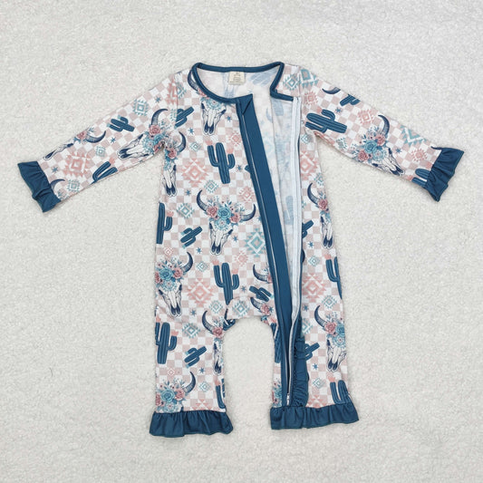 LR1446 Modal Cactus Alpine bull Head geometric plaid Green lace zipper long sleeve onesie High quality