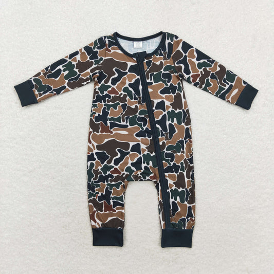 LR1453 Modal brown green camouflage beige zip-up long-sleeved onesie