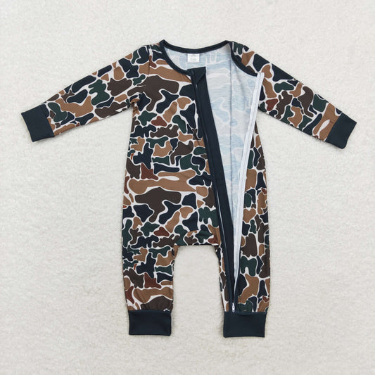 LR1453 Modal brown green camouflage beige zip-up long-sleeved onesie