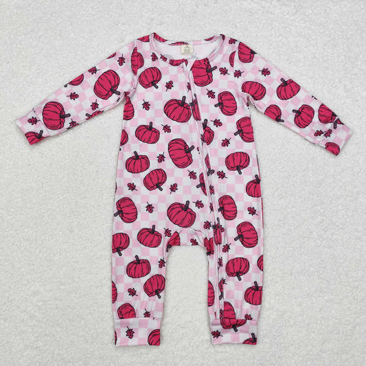 LR1456 Modal rose red pumpkin leaf checkered zipper long sleeve onesie High quality