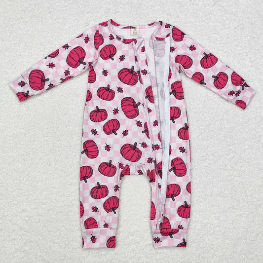LR1456 Modal rose red pumpkin leaf checkered zipper long sleeve onesie High quality