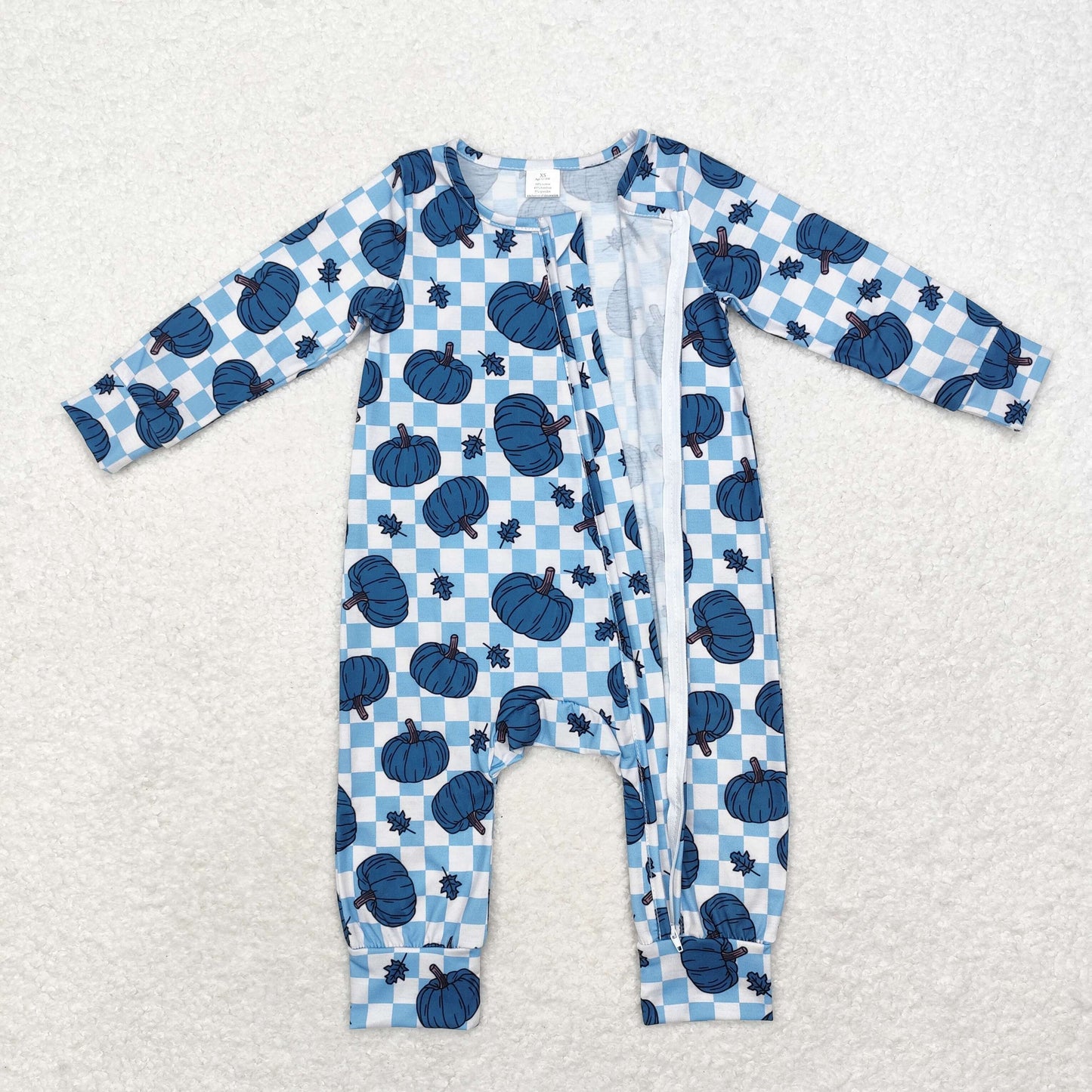 LR1457 Modal blue pumpkin leaf checkered zipper long-sleeved onesie