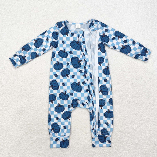 LR1457 Modal blue pumpkin leaf checkered zipper long-sleeved onesie
