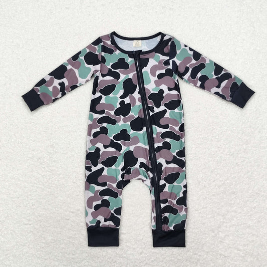 LR1460 Bamboo Pajamas Brown Green Black Camouflage Zip-Up Long-Sleeved Onesie