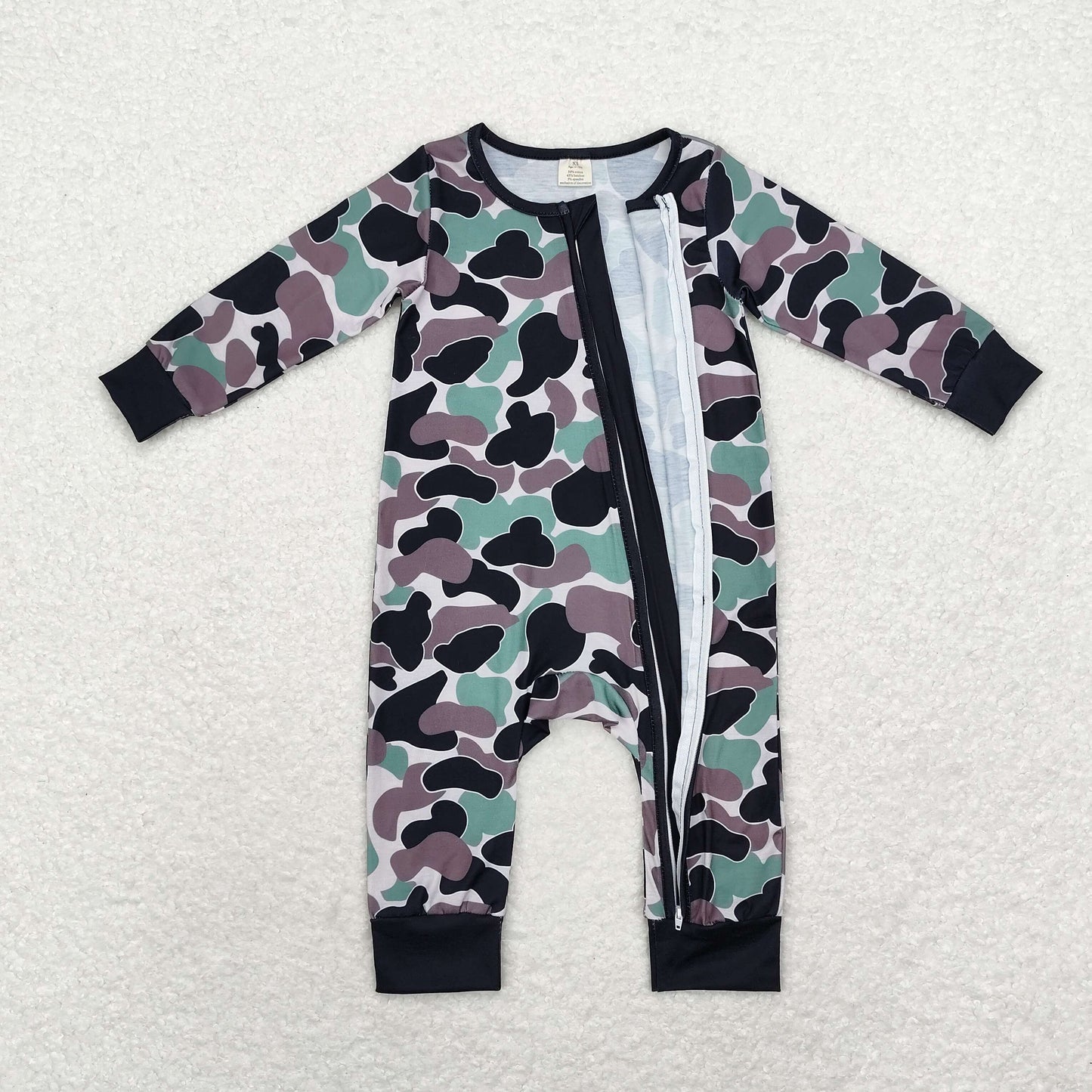 LR1460 Bamboo Pajamas Brown Green Black Camouflage Zip-Up Long-Sleeved Onesie