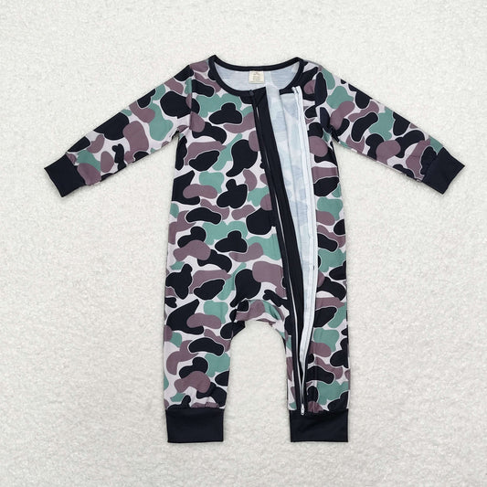 LR1460 Bamboo Pajamas Brown Green Black Camouflage Zip-Up Long-Sleeved Onesie