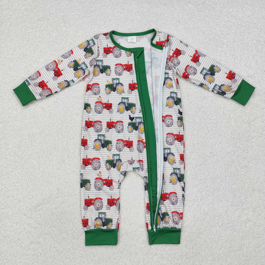 LR1480 Modal Tractor striped green hem zipper long-sleeved onesie