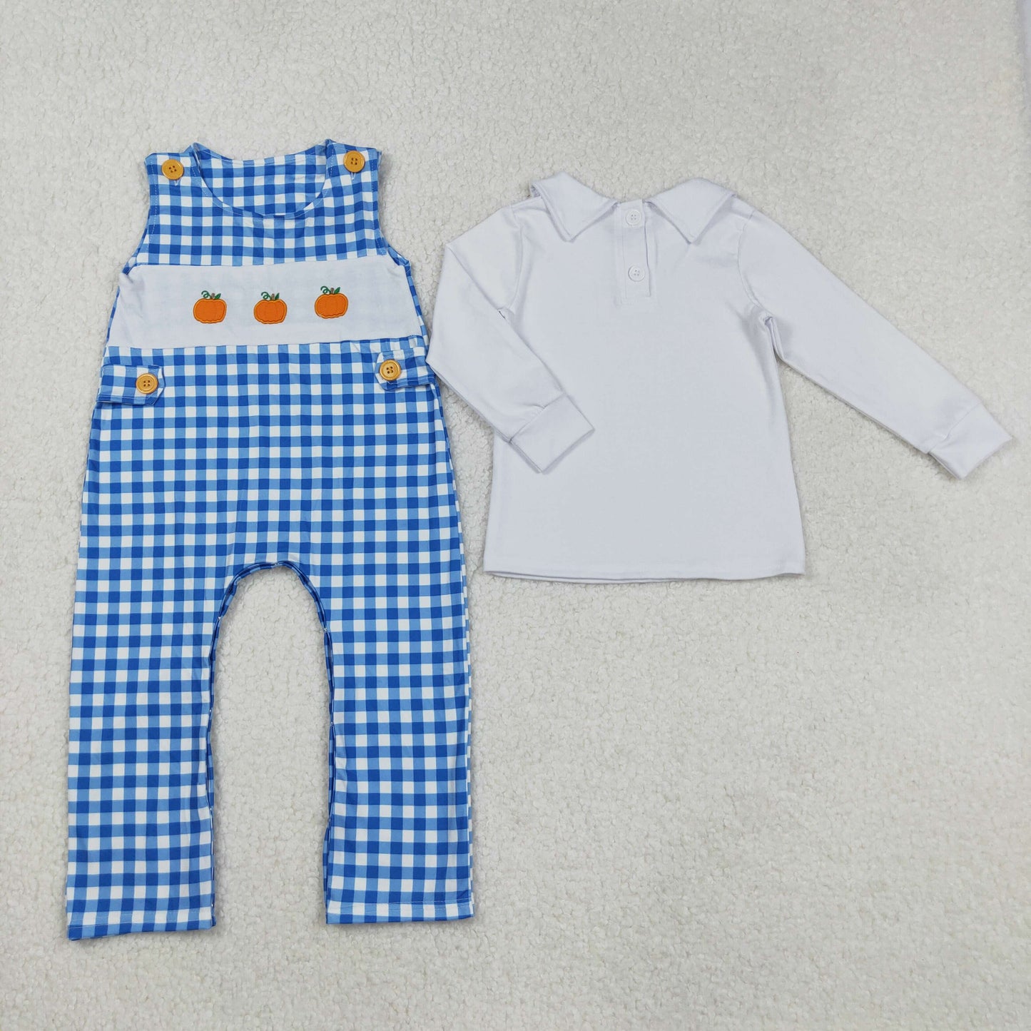 LR1501 Thanksgiving Pumpkin Blue Plaid Sleeveless Rompers with White Doll Collar Long-Sleeved Boys t Shirts 202509 RTS