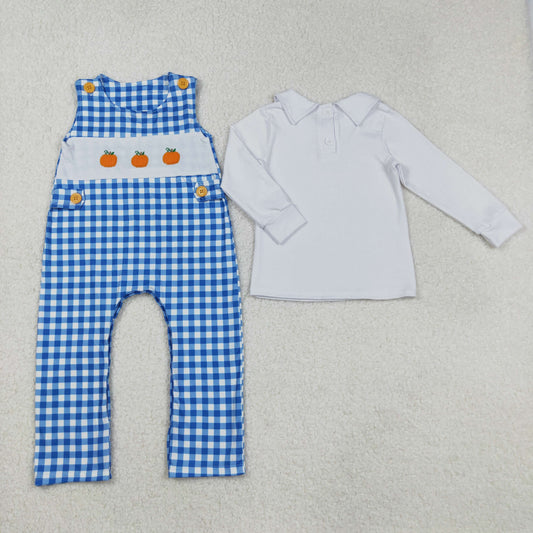 LR1501 Thanksgiving Pumpkin Blue Plaid Sleeveless Rompers with White Doll Collar Long-Sleeved Boys t Shirts 202509 RTS