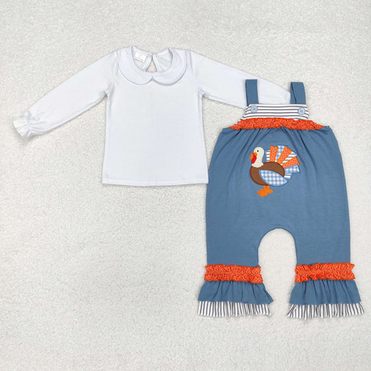 LR1504 Embroidered Thanksgiving Turkey Ruffle Long Sleeve Shirts with Rompers Girls Sets RTS 202509