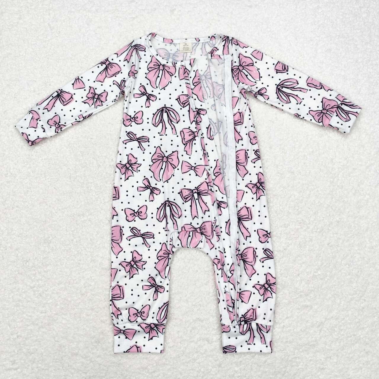 LR1512 Modal bow pattern white zip-up long-sleeved onesie