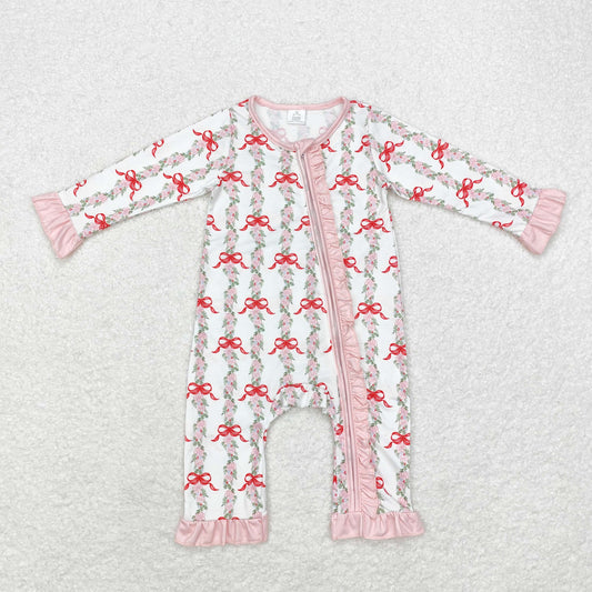LR1517 Modal flower leaf bow pattern Pink lace white zipper long-sleeved onesie