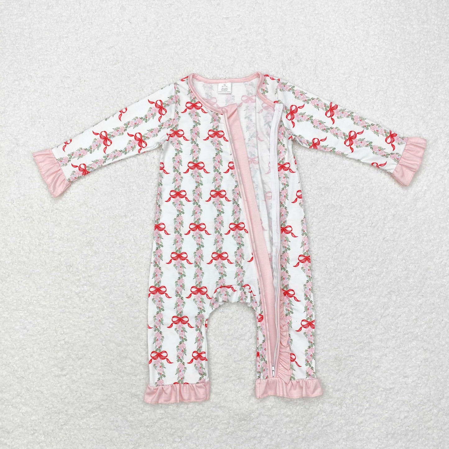 LR1517 Modal flower leaf bow pattern Pink lace white zipper long-sleeved onesie