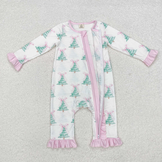 LR1518 Modal Christmas tree bow pattern Pink lace white zipper long-sleeved onesie