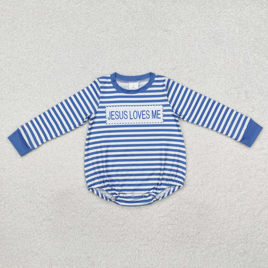 LR1556 Jesus Loves Me Blue Stripe Long Sleeve Boys Bubble Romper RTS 202509