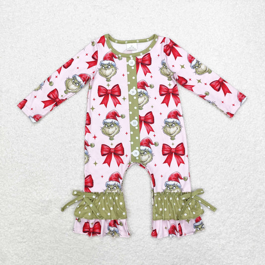 LR1557 grinch Bow pattern Origin Green lace pink long-sleeved onesie