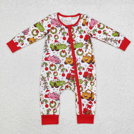 LR1559 cars Modal Christmas cartoon car red and white zip-up long sleeve onesie