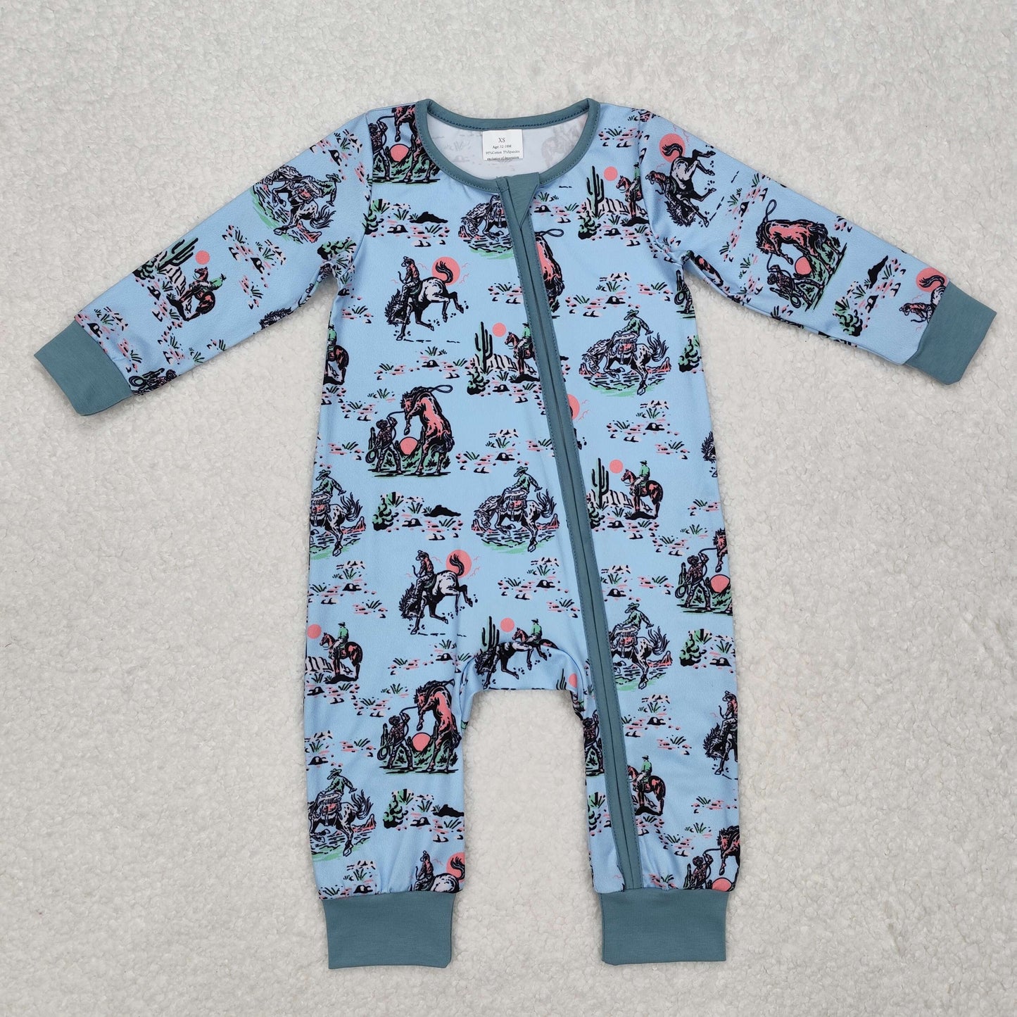 LR1578 Blue Green Zipper Long Sleeve Romper nightwear kids boutique Romper RTS 202412