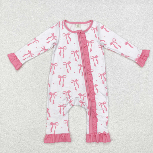 LR1584 Modal pink bow lace long-sleeved onesie
