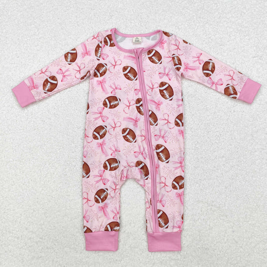 LR1595 Bamboo Pajamas Bows Rugby Pink Zipper Long-Sleeved Girls Romper RTS 202510