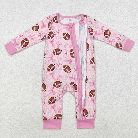 LR1595 Bamboo Pajamas Bows Rugby Pink Zipper Long-Sleeved Girls Romper RTS 202510