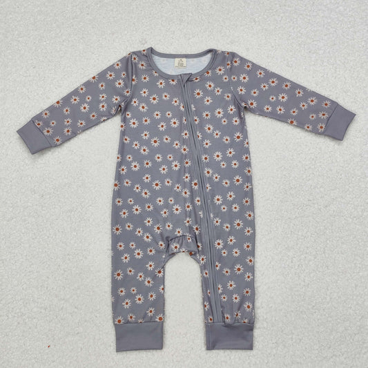 LR1603 Bamboo Pajamas Flower Gray Zipper Long-Sleeved Girls Romper
