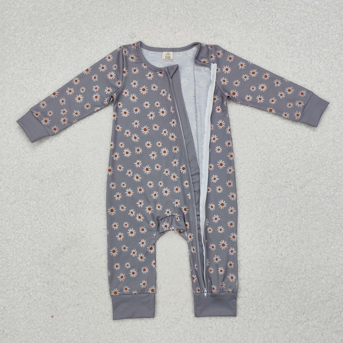 LR1603 Bamboo Pajamas Flower Gray Zipper Long-Sleeved Girls Romper
