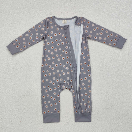 LR1603 Bamboo Pajamas Flower Gray Zipper Long-Sleeved Girls Romper