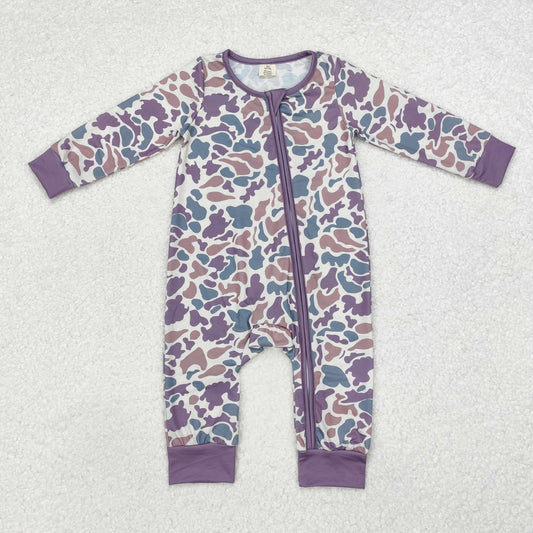 LR1604 Bamboo Pajamas Camo Purple Zipper Long-Sleeved Boys Romper