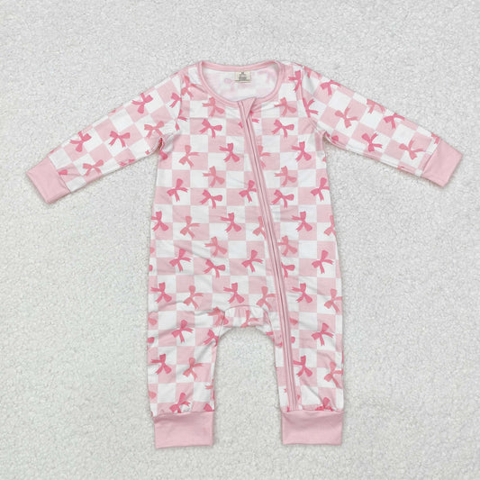 LR1607 Bamboo Pajamas Bows Plaid Pink Zipper Long-Sleeved Girls Romper