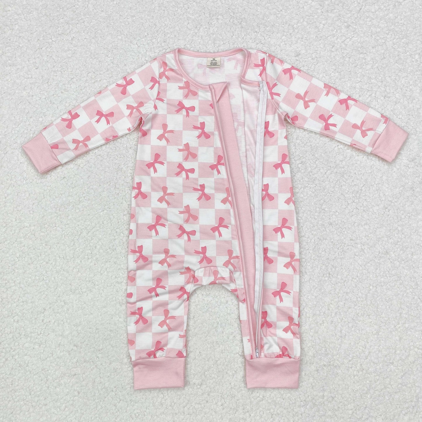 LR1607 Bamboo Pajamas Bows Plaid Pink Zipper Long-Sleeved Girls Romper