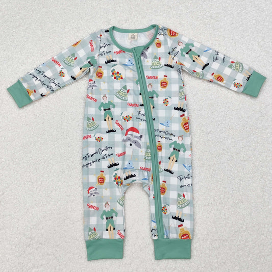 LR1641 Modal Christmas Elf Green plaid zipper long sleeve onesie High quality