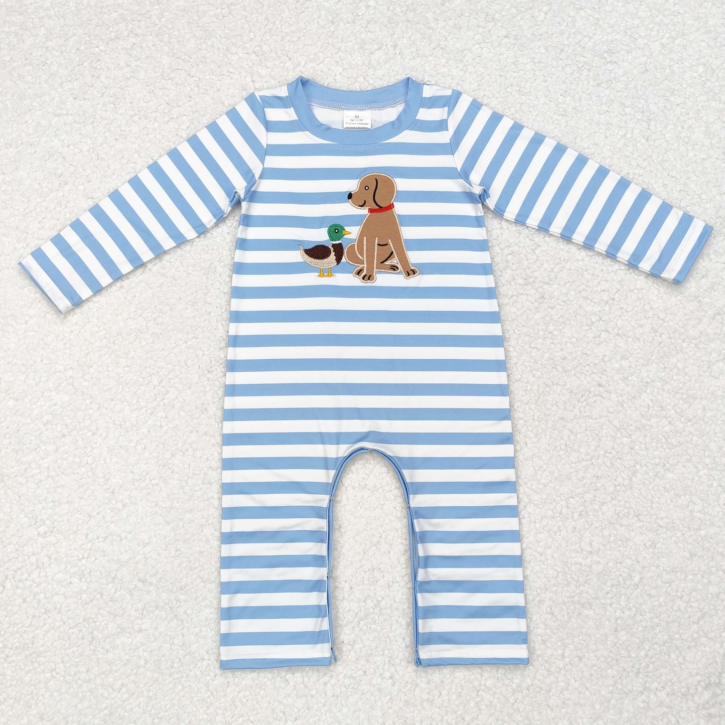 LR1644 Embroidered duck puppy blue and white striped long-sleeved onesie