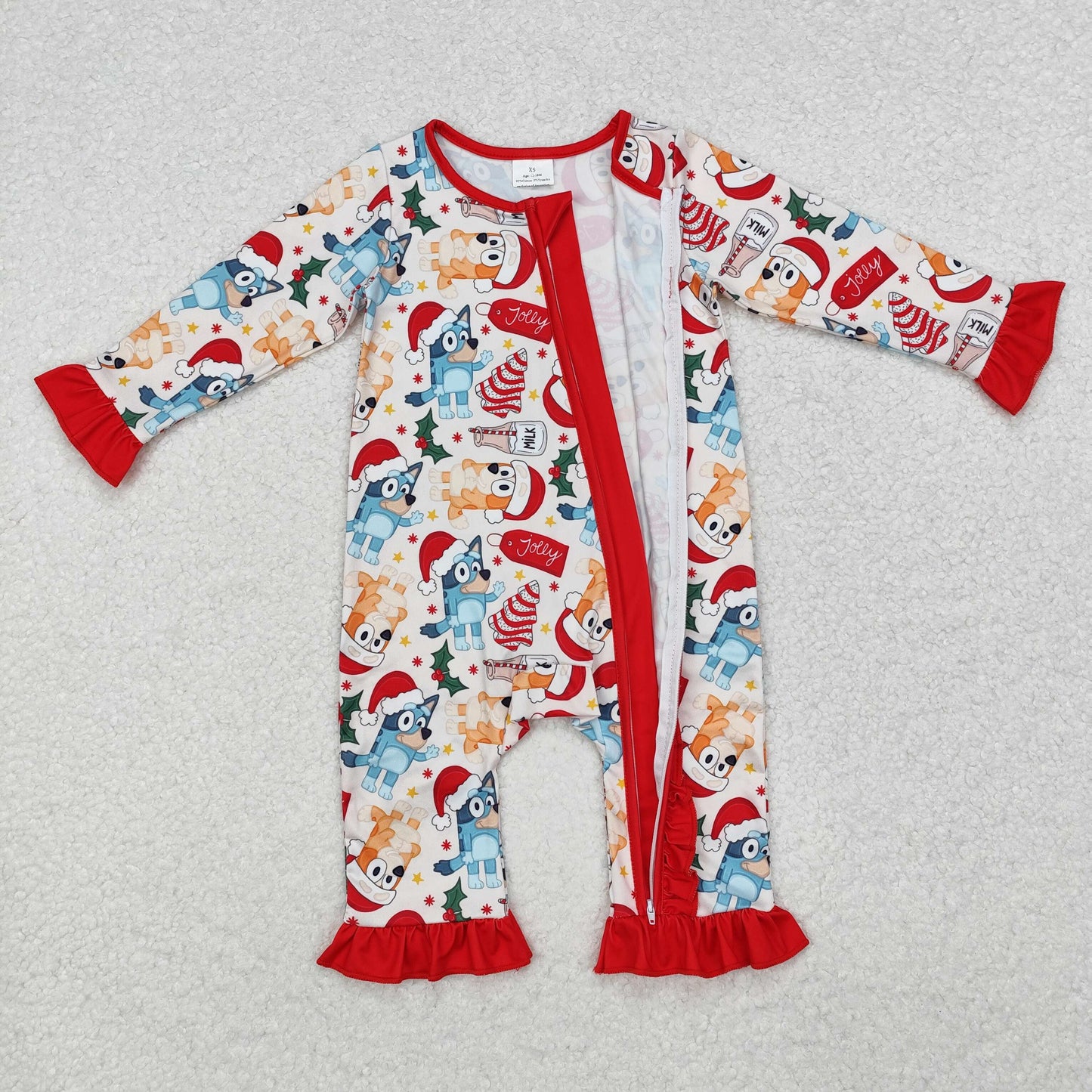 LR1685 Christmas Cartoon Bluey Red Ruffle Zipper Long Sleeve Girls Romper RTS 202510