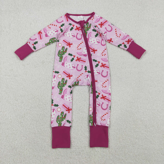 LR1742 Christmas Cactus Boots Pink Purple Zip Long Sleeve Girls Romper 202511 RTS