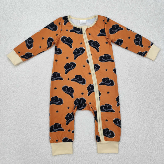LR1758 Baby Romper Brown Orange Zippy long sleeve Romper western rodeo outfit RTS 202412