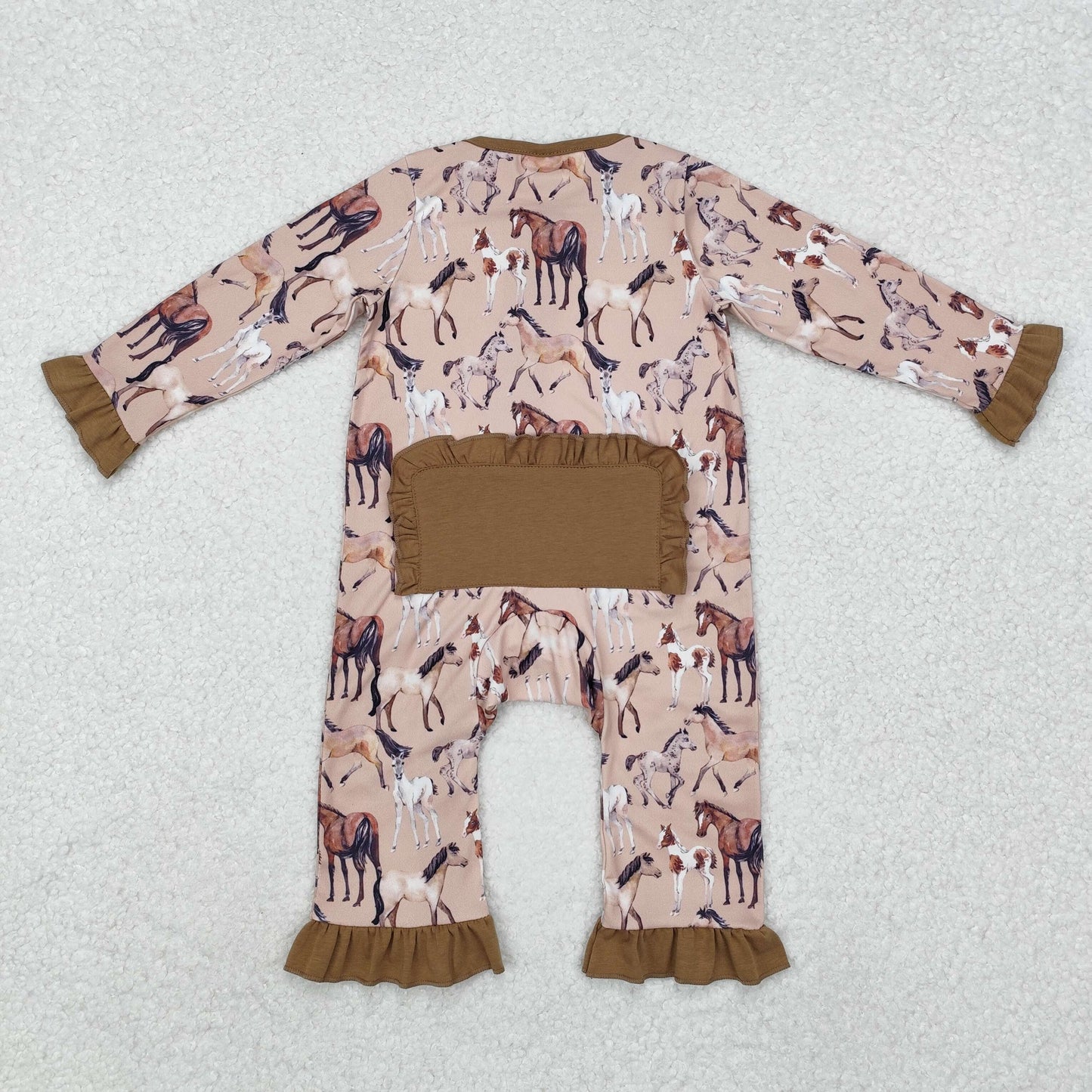 LR1771 Steed Brown Ruffle Zip Long Sleeve Girls Romper RTS 20241127