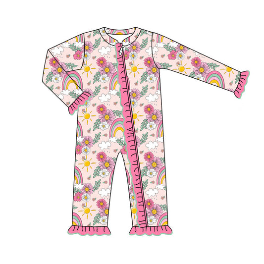Preorder LR1774 Flowers rainbow Sun pink lace zipper long sleeve onesie