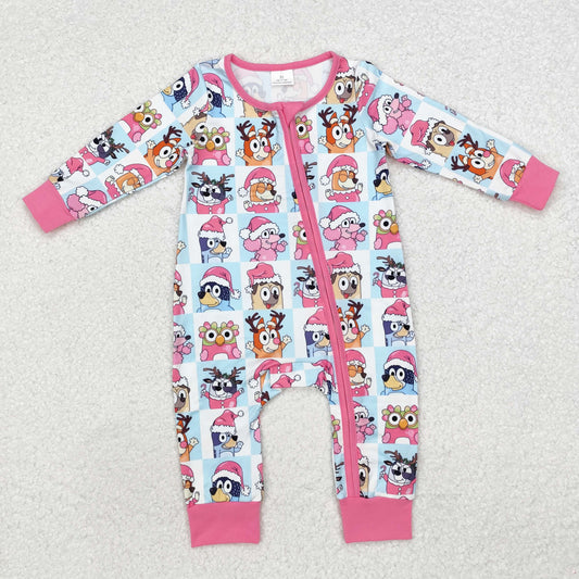 LR1783 Cartoon Bluey Christmas Pink Plaid Zipper Long-Sleeved Girls Romper RTS 202509