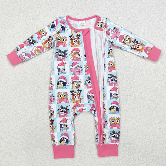 LR1783 Cartoon Bluey Christmas Pink Plaid Zipper Long-Sleeved Girls Romper RTS 202509