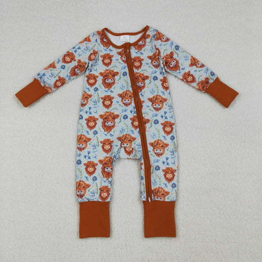 LR1787 Highland Cow Flower Brown Zip Long Sleeve Girls Romper 202604 RTS