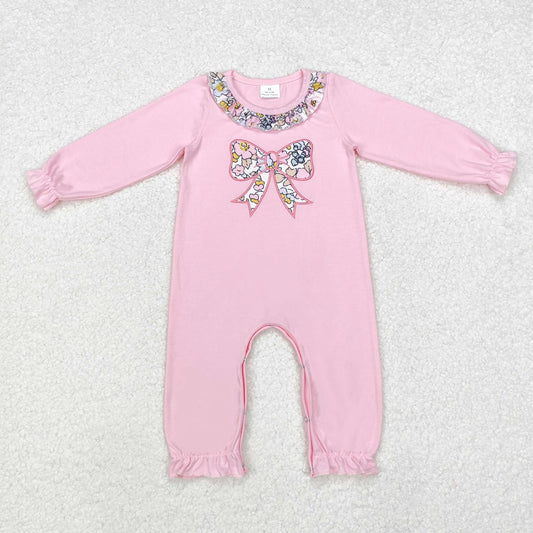 LR1812 Embroidered Bow Floral Ruffle Pink Long-Sleeved Girls Romper RTS 202509